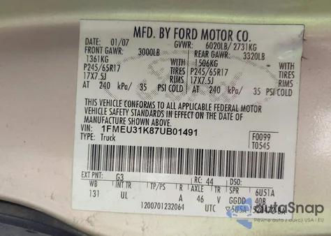 2007 Ford Explorer Sport Trac Xlt z USA, uszkodzony, nr VIN 1FMEU31K87UB01491